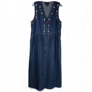 VTG Original TY Wear Jumper Womens 14 Blue Snowman Embroidered Denim Midi Dress
